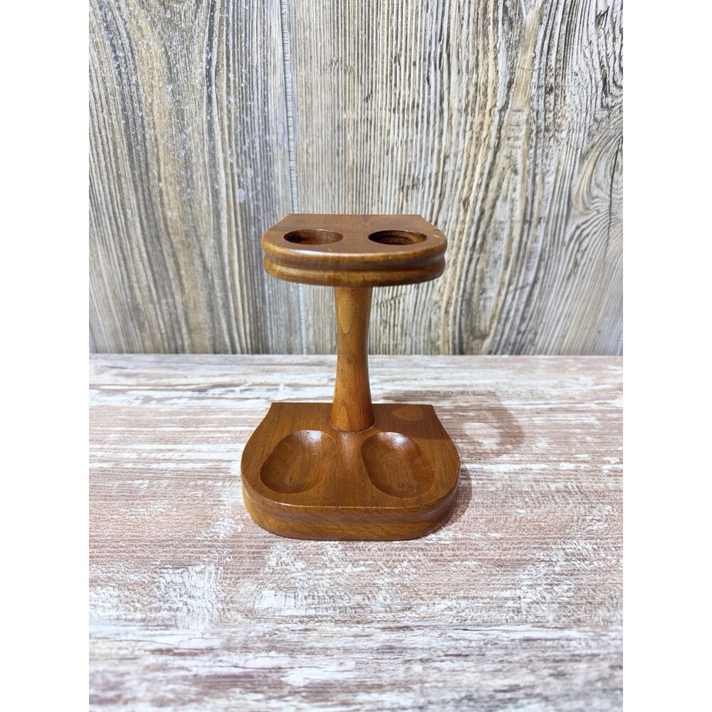 Vintage Pipe Rack Stand Holder Decatur Label Walnut Wood Tobacco Double 2 Pipe